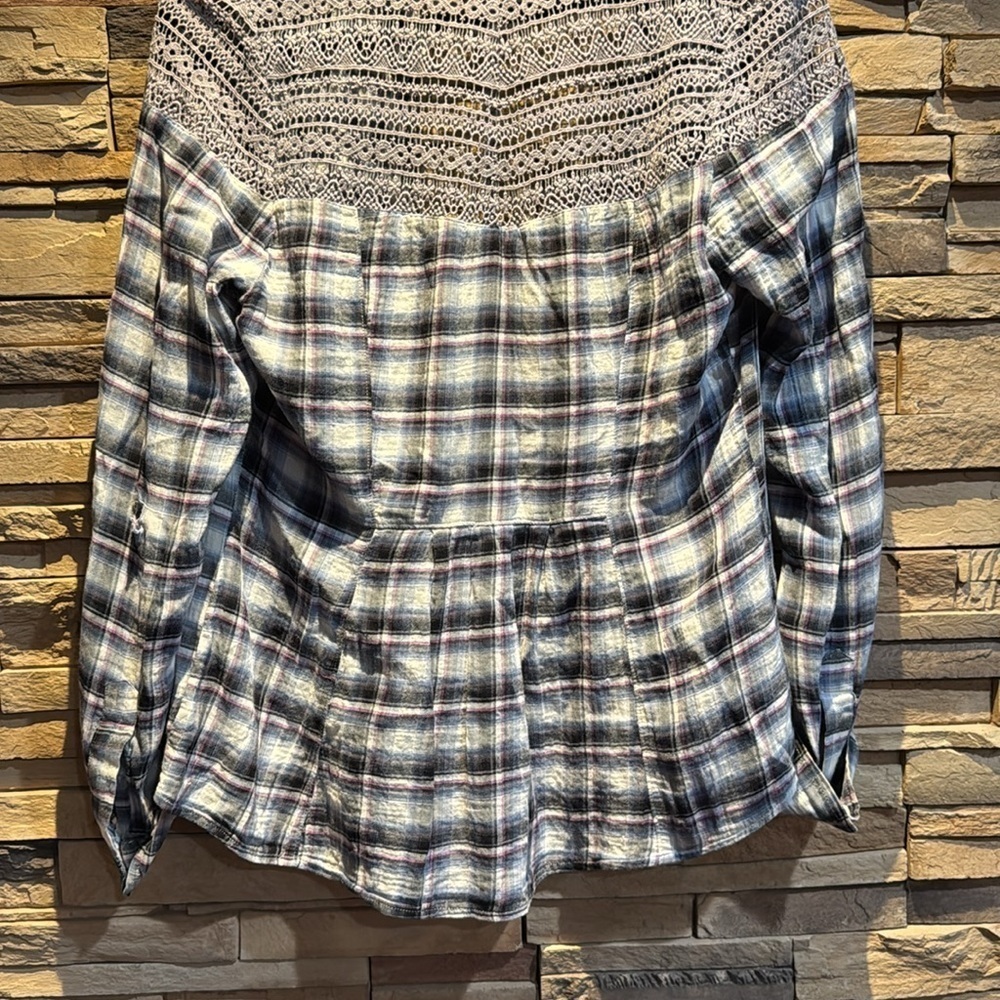 Like new vintage Free People lace and plaid shirt - Picture 3 of 5